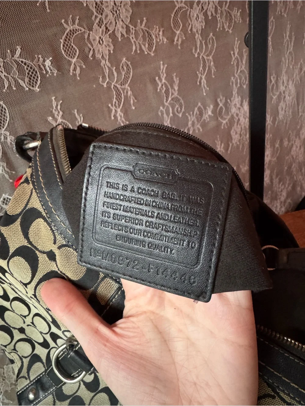 Coach Black and Cream Signature Canvas Shoulder Bag with Cherry Charm